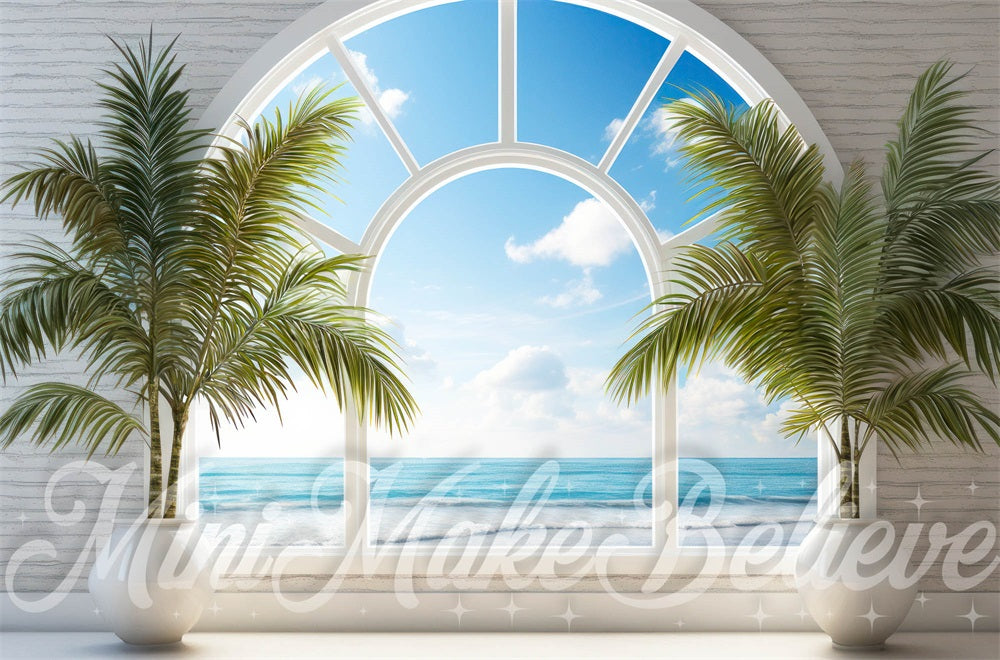 Kate Summer Beach Window Palm Trees Backdrop Designed by Mini MakeBelieve - Kate Backdrop AU