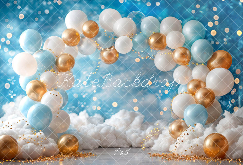 Kate Blue Gold Balloon Backdrop Birthday Cake Smash Designed by Emetselch - Kate Backdrop AU