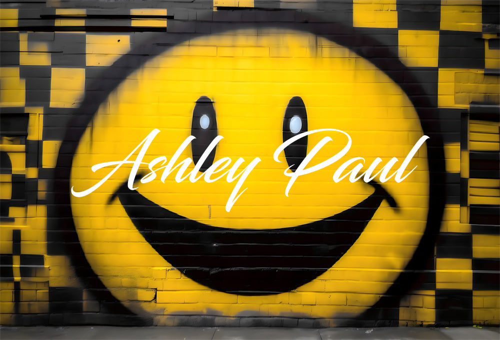 Kate Yellow Smiley Graffiti Brick Wall Backdrop Designed by Ashley Paul - Kate Backdrop AU