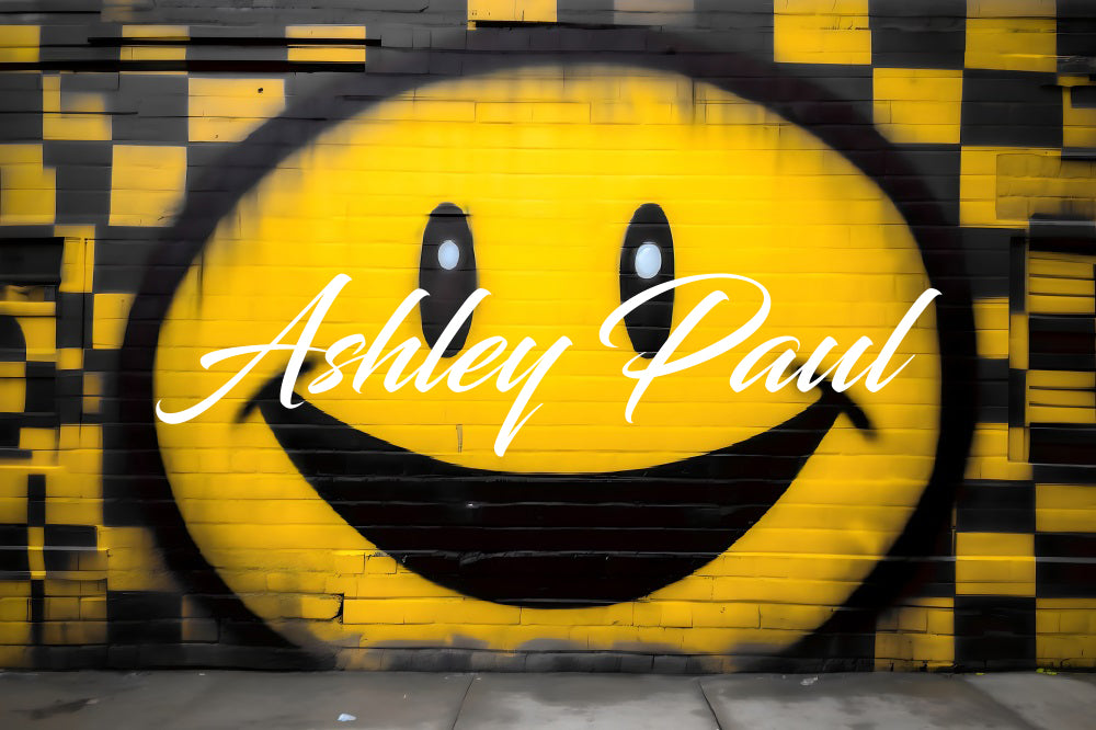 Kate Yellow Smiley Graffiti Brick Wall Backdrop Designed by Ashley Paul - Kate Backdrop AU