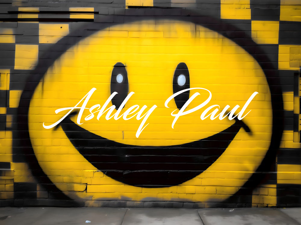 Kate Yellow Smiley Graffiti Brick Wall Backdrop Designed by Ashley Paul - Kate Backdrop AU