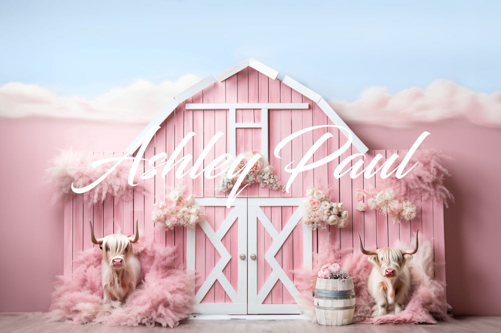 Kate Pink Farm Cow Backdrop Designed by Ashley Paul - Kate Backdrop AU