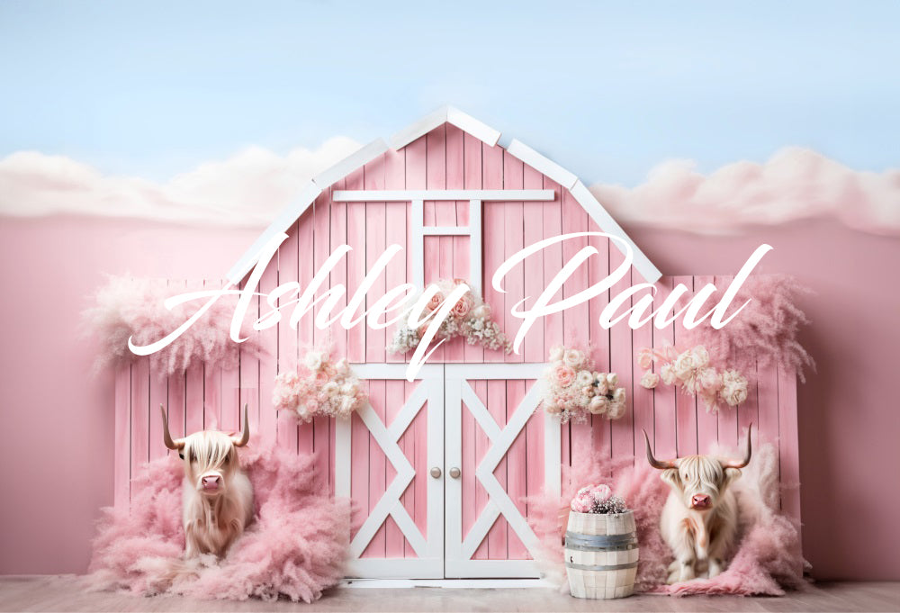 Kate Pink Farm Cow Backdrop Designed by Ashley Paul - Kate Backdrop AU