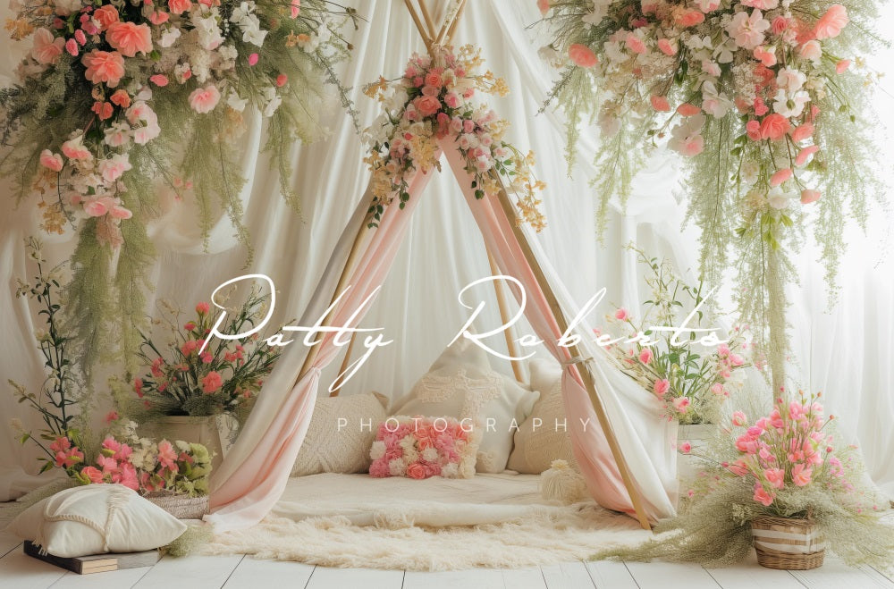 Kate White Spring Teepee with Flowers Backdrop Designed by Patty Robertss - Kate Backdrop AU