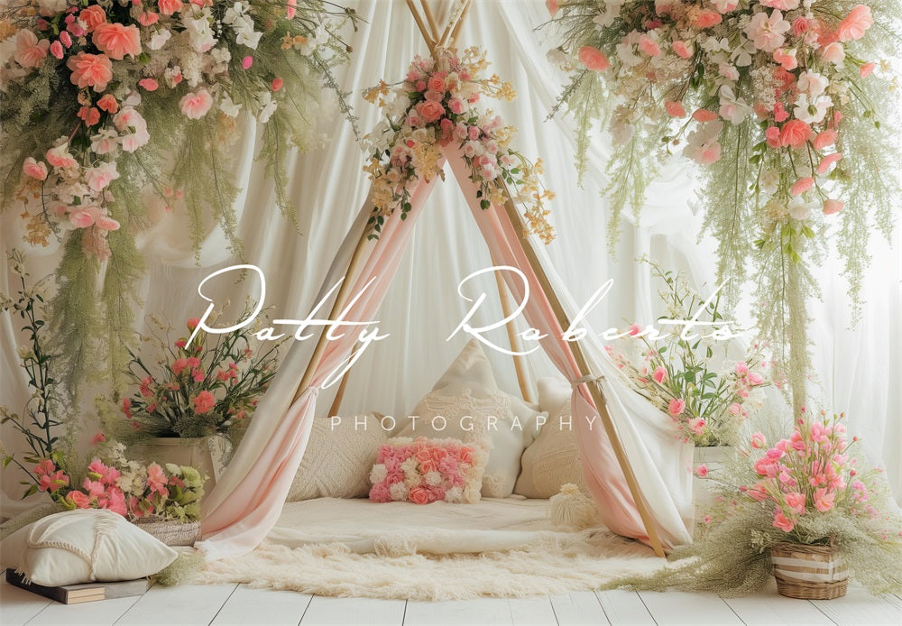 Kate White Spring Teepee with Flowers Backdrop Designed by Patty Robertss - Kate Backdrop AU