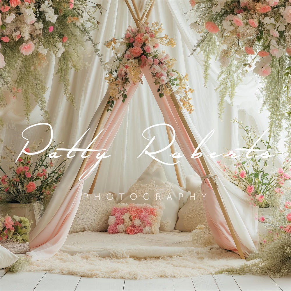 Kate White Spring Teepee with Flowers Backdrop Designed by Patty Robertss - Kate Backdrop AU