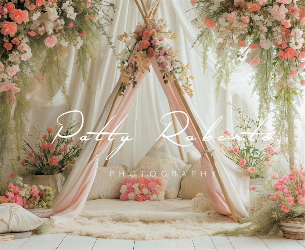 Kate White Spring Teepee with Flowers Backdrop Designed by Patty Robertss - Kate Backdrop AU