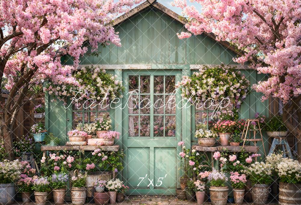 Kate Spring Flowers Green Wooden Door Backdrop Designed by Emetselch - Kate Backdrop AU