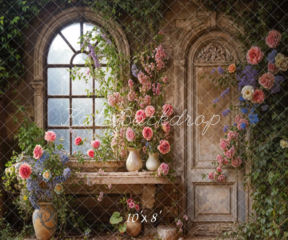 Kate Spring Arched Window Floral Room Backdrop Designed by Emetselch - Kate Backdrop AU