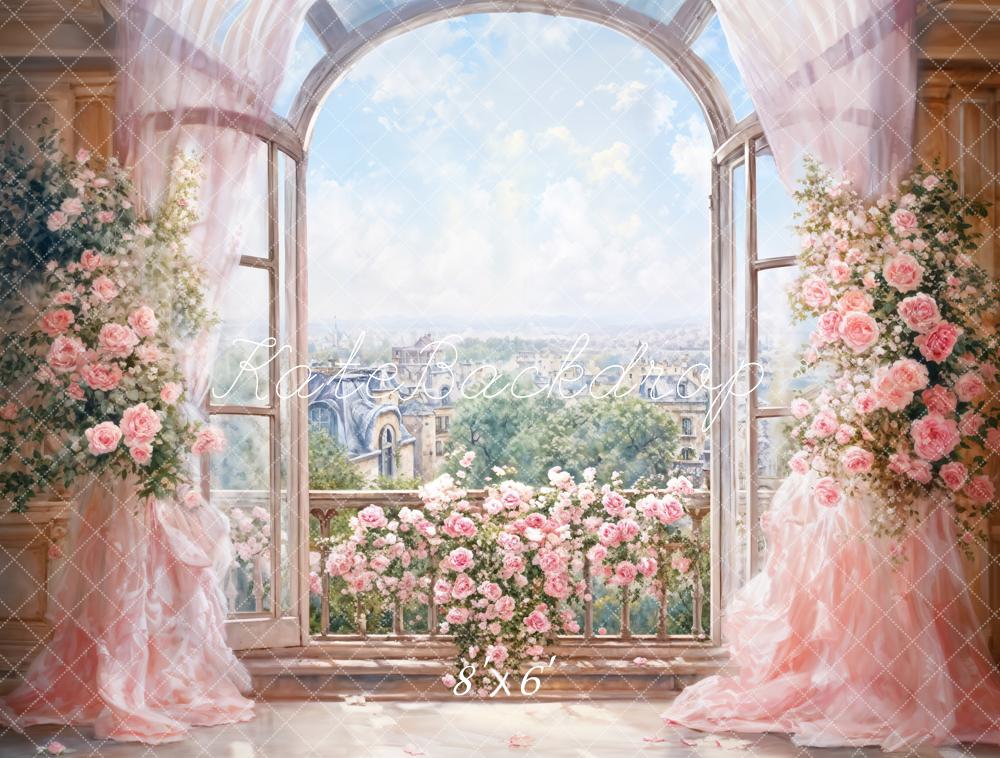 Kate Spring Backdrop Flowers Pink Curtain Arched Window Designed by GQ - Kate Backdrop AU