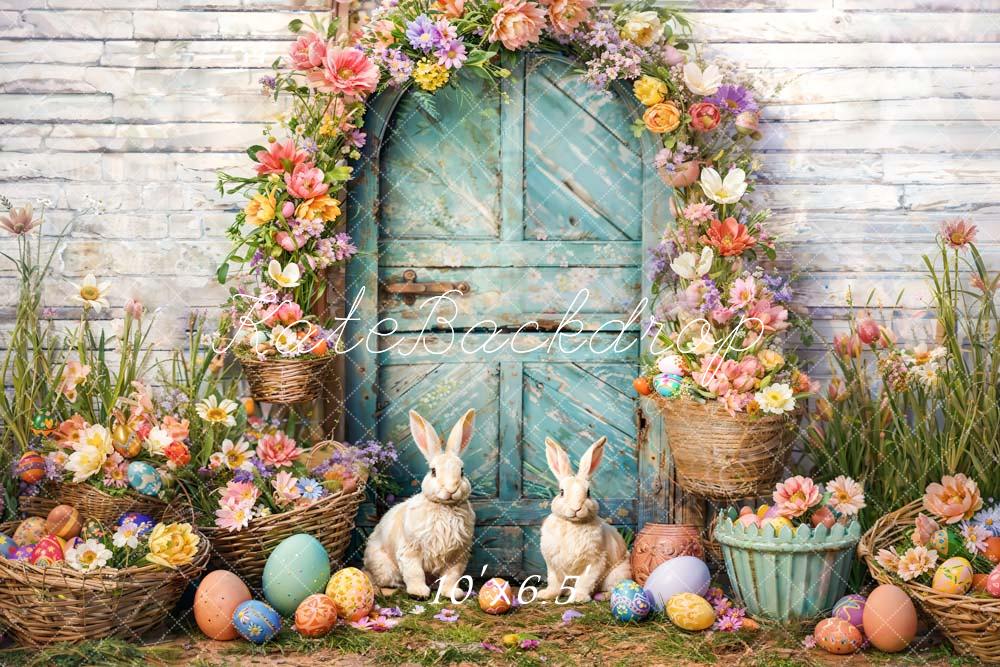 Kate Spring Easter Bunny Backdrop Flower Blue Arch Designed by Emetselch - Kate Backdrop AU