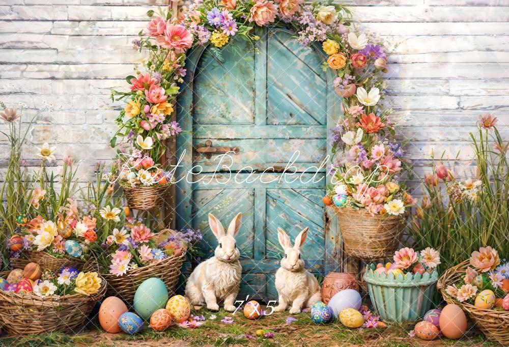 Kate Spring Easter Bunny Backdrop Flower Blue Arch Designed by Emetselch - Kate Backdrop AU