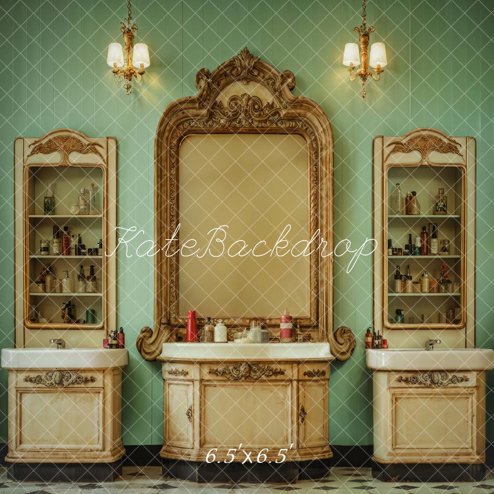 Kate Indoor Retro Beauty Shop Green Strips Wall Backdrop Designed by Emetselch - Kate Backdrop AU