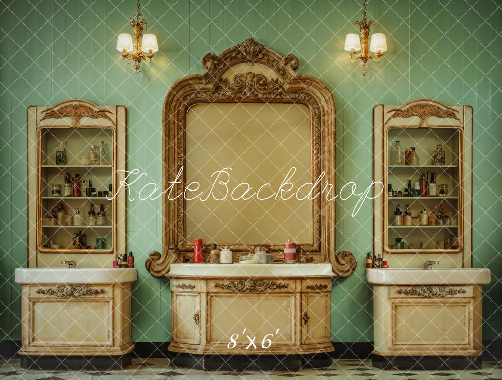 Kate Indoor Retro Beauty Shop Green Strips Wall Backdrop Designed by Emetselch - Kate Backdrop AU