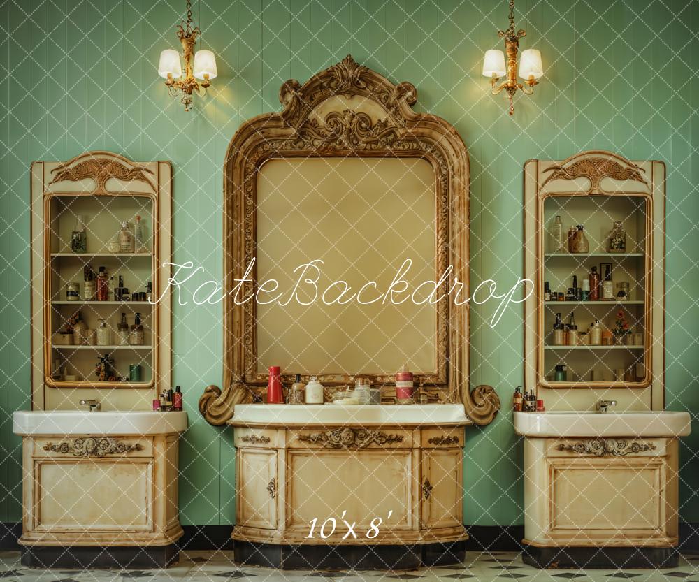 Kate Indoor Retro Beauty Shop Green Strips Wall Backdrop Designed by Emetselch - Kate Backdrop AU