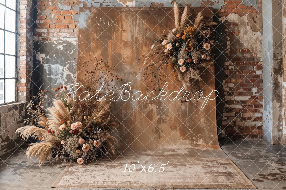 Kate Boho Dark Brown Backdrop Indoor Reed Floral Old Brick Wall Designed by Emetselch - Kate Backdrop AU