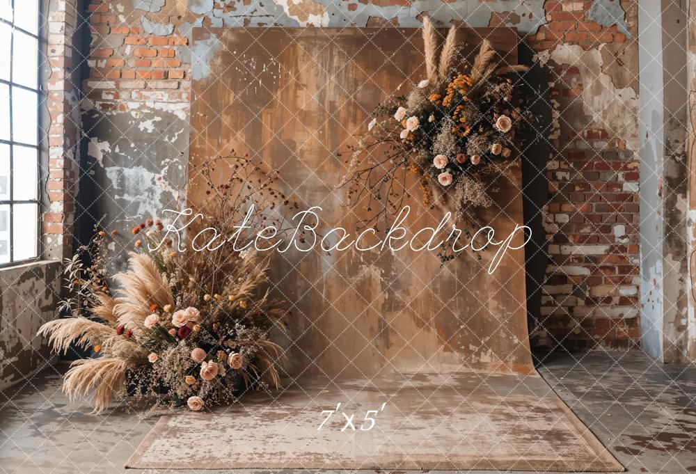 Kate Boho Dark Brown Backdrop Indoor Reed Floral Old Brick Wall Designed by Emetselch - Kate Backdrop AU