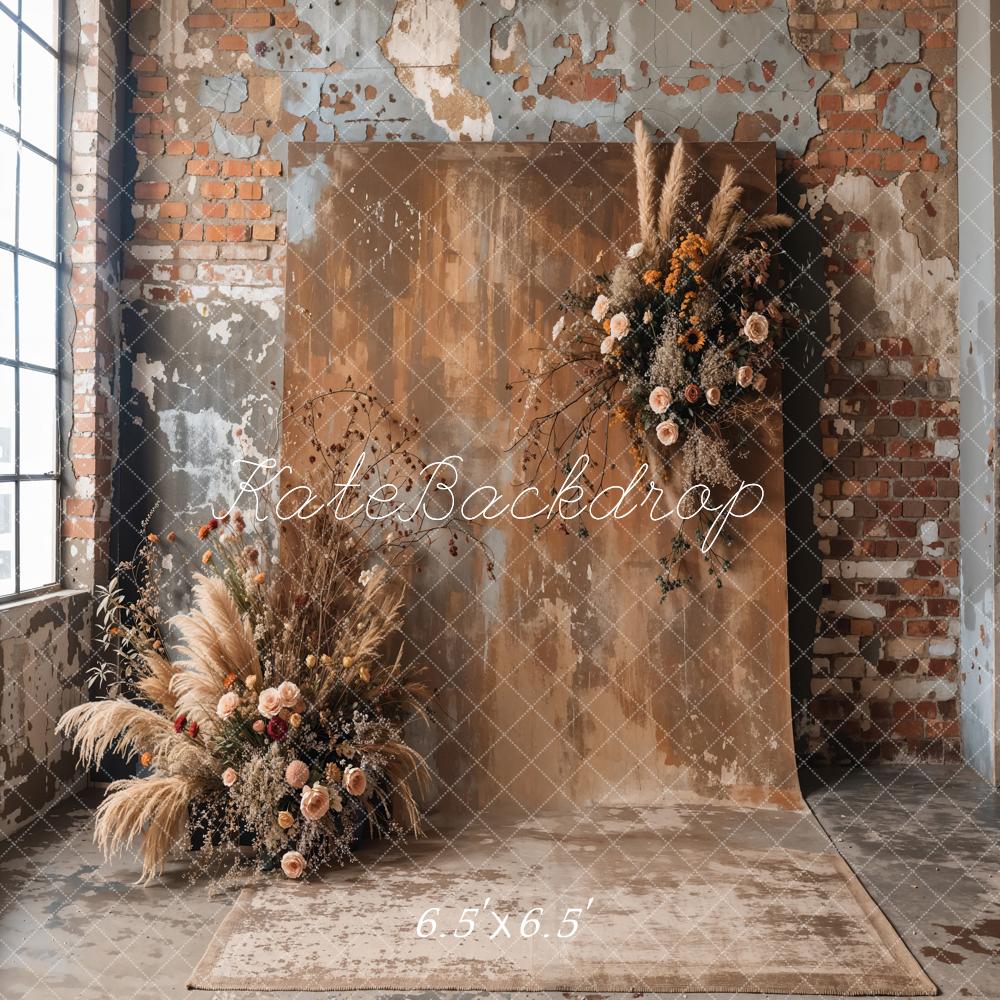 Kate Boho Dark Brown Backdrop Indoor Reed Floral Old Brick Wall Designed by Emetselch - Kate Backdrop AU