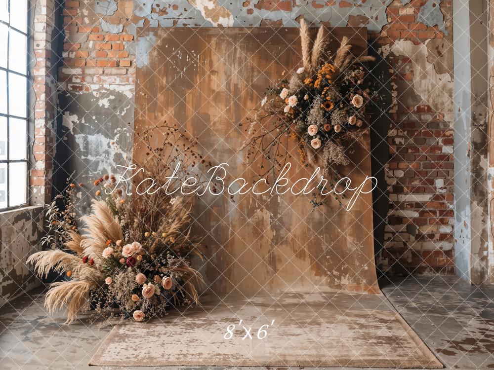 Kate Boho Dark Brown Backdrop Indoor Reed Floral Old Brick Wall Designed by Emetselch - Kate Backdrop AU