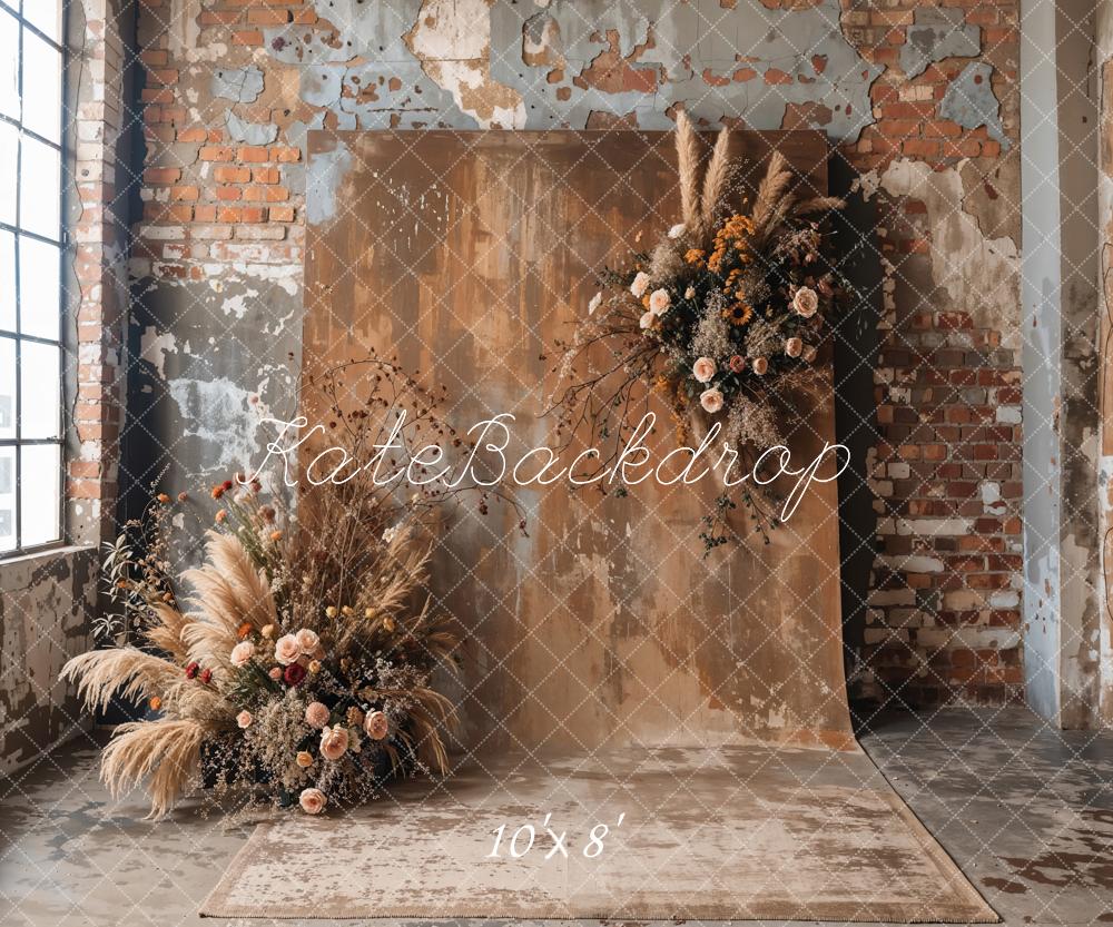 Kate Boho Dark Brown Backdrop Indoor Reed Floral Old Brick Wall Designed by Emetselch - Kate Backdrop AU