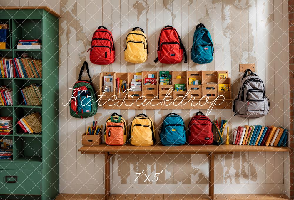 Kate Back to School Backdrop Colorful Bags Bookshelf Designed by Emetselch - Kate Backdrop AU