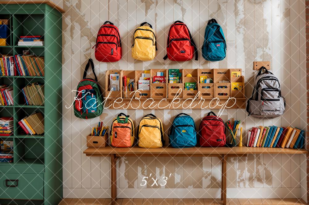 Kate Back to School Backdrop Colorful Bags Bookshelf Designed by Emetselch - Kate Backdrop AU