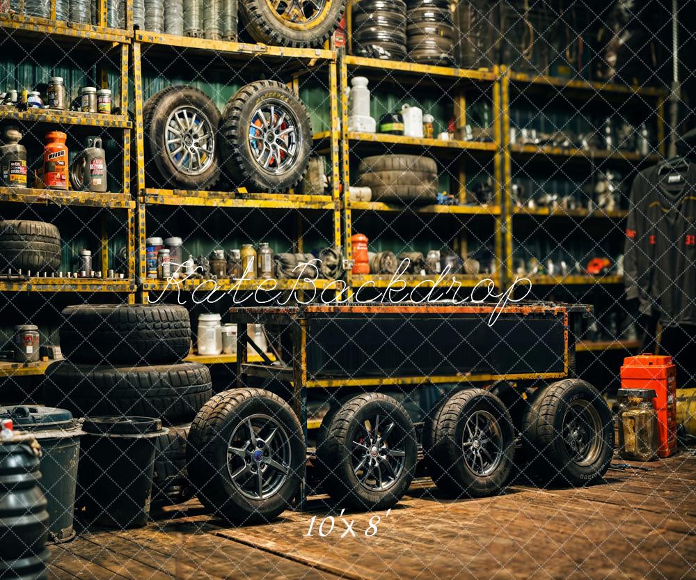 Kate Retro Black Gold Tire Garage Backdrop Father's Day Designed by Emetselch - Kate Backdrop AU