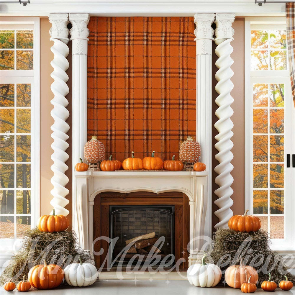 Kate Autumn Backdrop Fall Interior Plaid Wall Pumpkins Designed by Mini MakeBelieve - Kate Backdrop AU