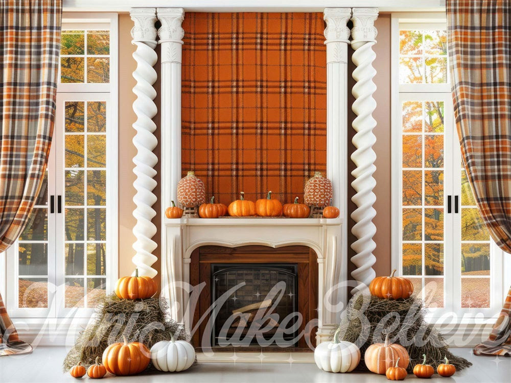 Kate Autumn Backdrop Fall Interior Plaid Wall Pumpkins Designed by Mini MakeBelieve - Kate Backdrop AU