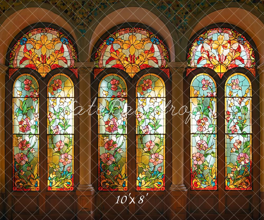 Kate Indoor Vintage Stained Backdrop Floral Arched Glass Window Designed by Emetselch - Kate Backdrop AU