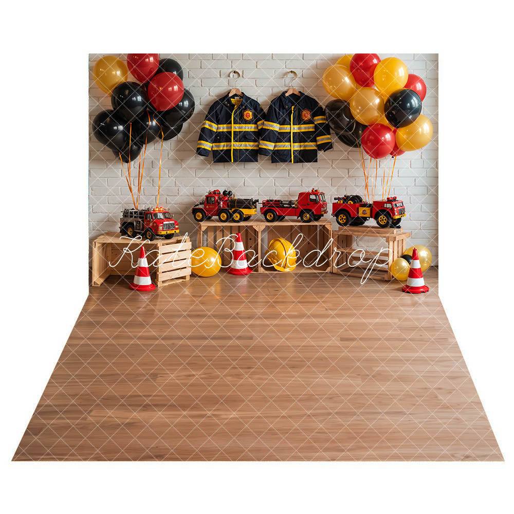 Kate Fire Fighting Boy Backdrop+Wood Grain Floor Backdrop - Kate Backdrop AU