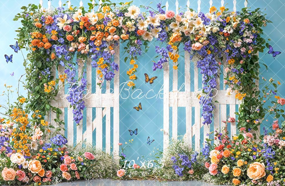 Kate Spring Floral White Fence Blue Backdrop Designed by Chain Photography - Kate Backdrop AU