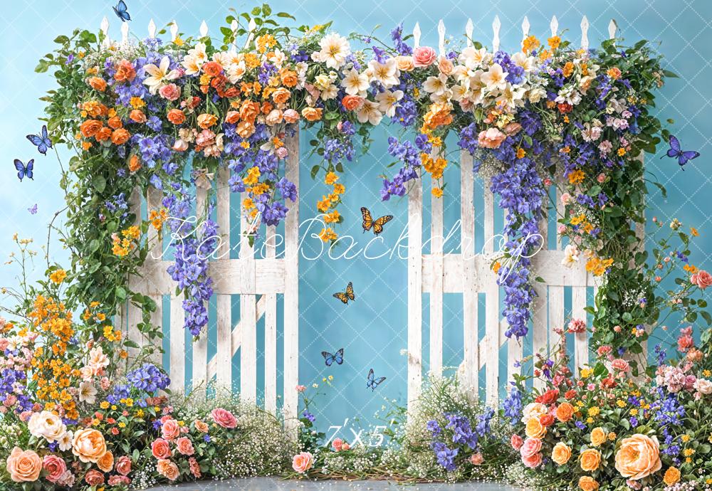 Kate Spring Floral White Fence Blue Backdrop Designed by Chain Photography - Kate Backdrop AU