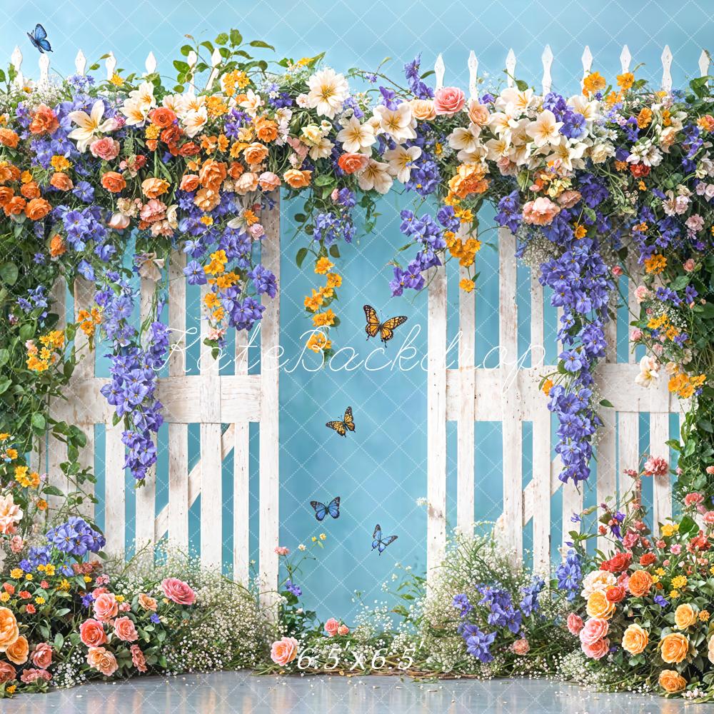 Kate Spring Floral White Fence Blue Backdrop Designed by Chain Photography - Kate Backdrop AU