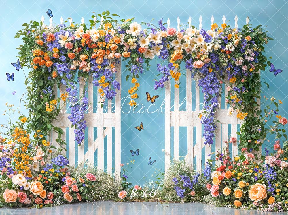 Kate Spring Floral White Fence Blue Backdrop Designed by Chain Photography - Kate Backdrop AU