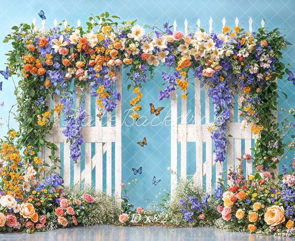 Kate Spring Floral White Fence Blue Backdrop Designed by Chain Photography - Kate Backdrop AU