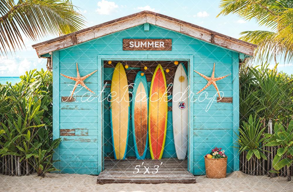 Kate Blue Wooden Surfboard Shop Backdrop Summer Sea Beach Designed by Chain Photography - Kate Backdrop AU