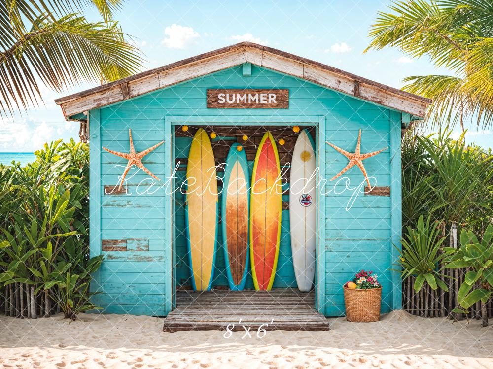 Kate Blue Wooden Surfboard Shop Backdrop Summer Sea Beach Designed by Chain Photography - Kate Backdrop AU