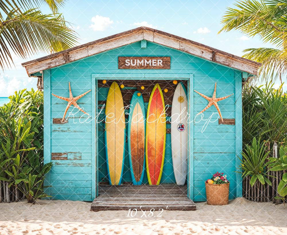 Kate Blue Wooden Surfboard Shop Backdrop Summer Sea Beach Designed by Chain Photography - Kate Backdrop AU