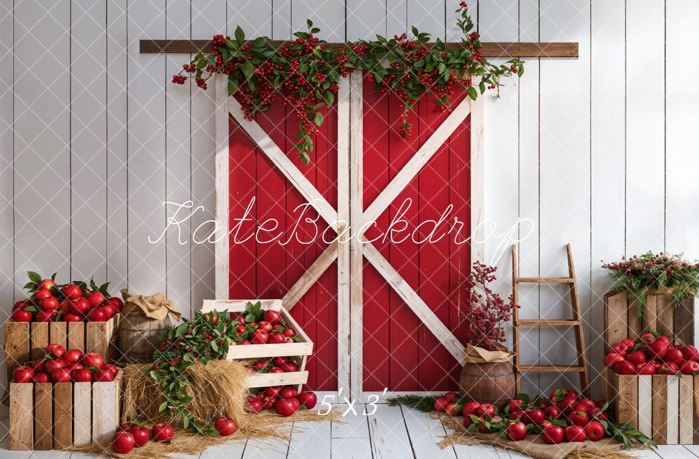 Kate Red Apple Barn Door Backdrop White Wooden Wall Designed by Emetselch - Kate Backdrop AU