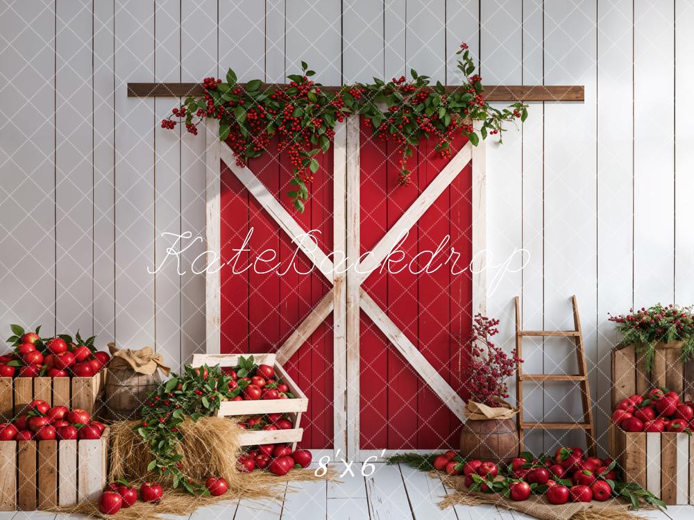 Kate Red Apple Barn Door Backdrop White Wooden Wall Designed by Emetselch - Kate Backdrop AU