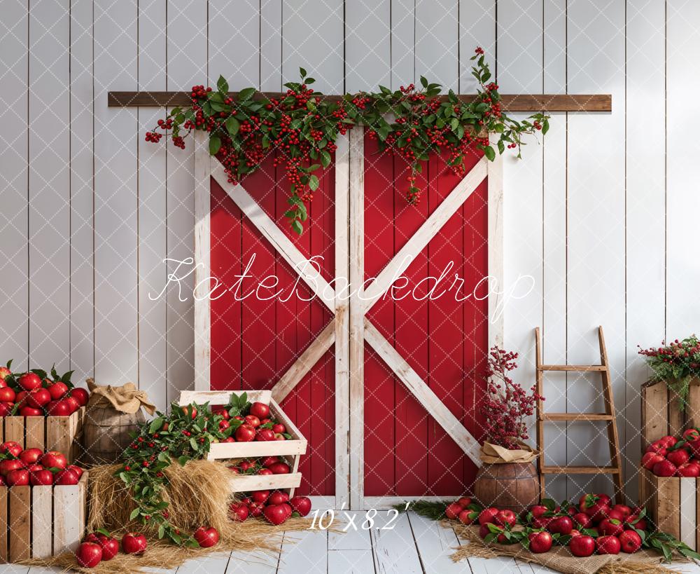 Kate Red Apple Barn Door Backdrop White Wooden Wall Designed by Emetselch - Kate Backdrop AU