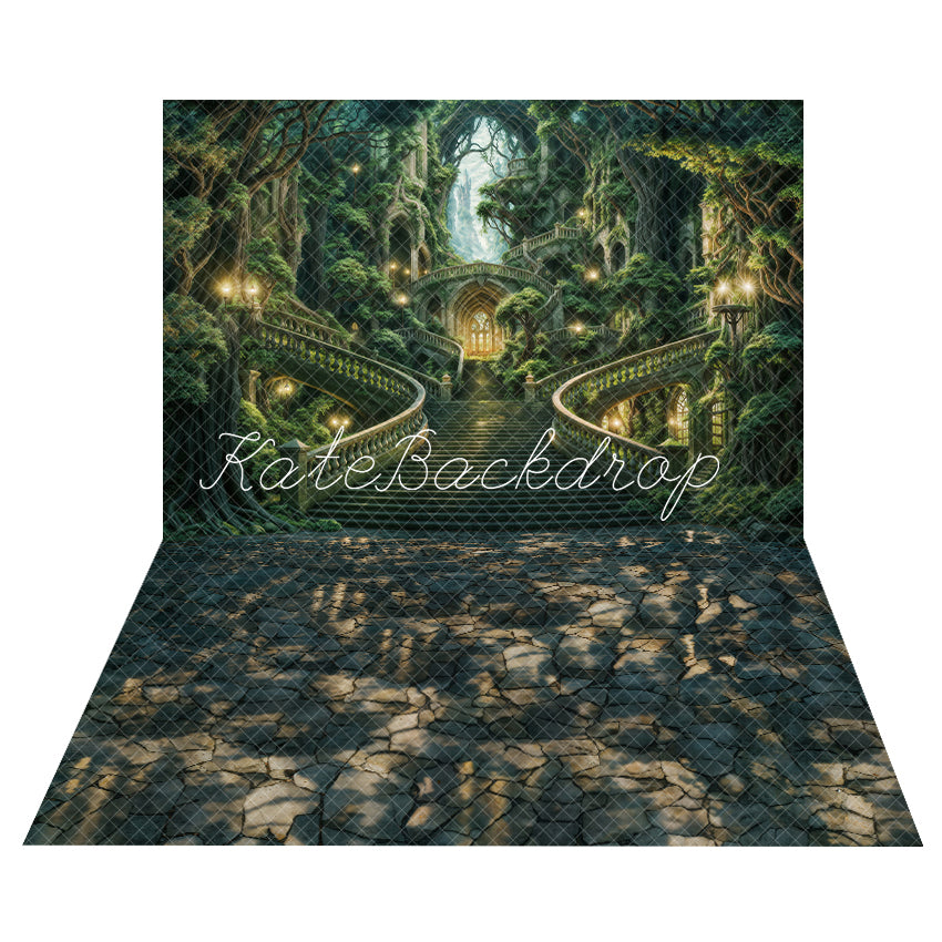 Kate Summer Green Forest Castle Staircase Backdrop + Shade Stone Path Floor Backdrop - Kate Backdrop AU
