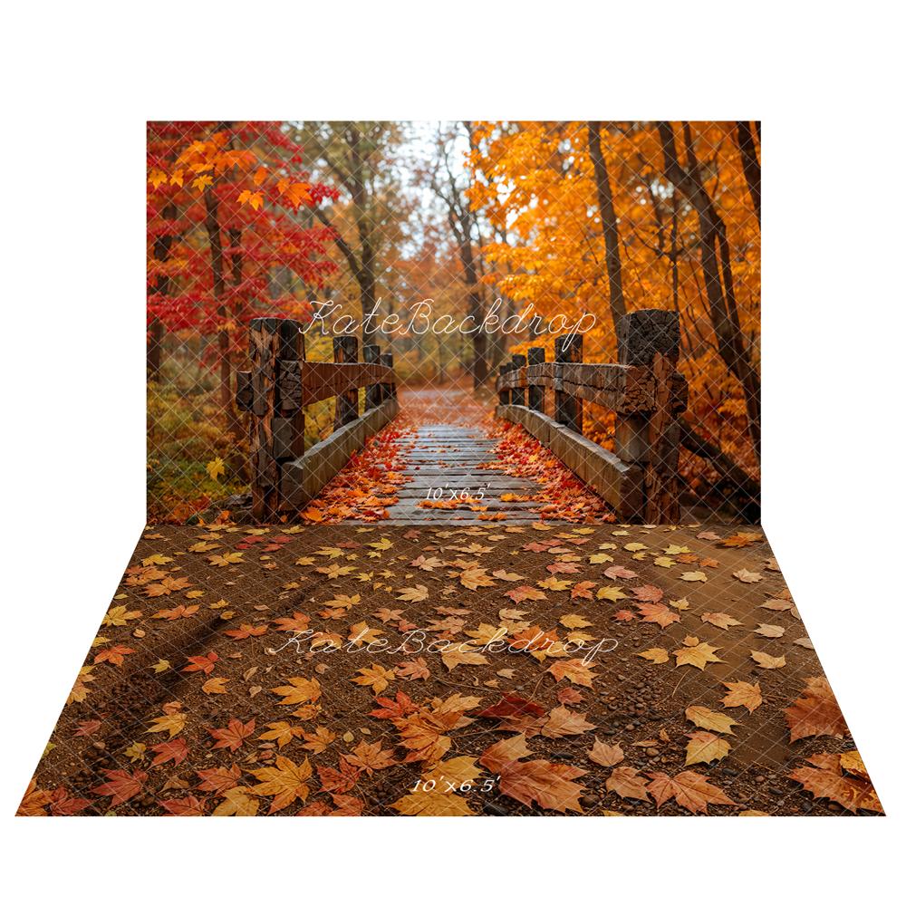 Lightning Deal Kate Autumn Maple Forest Bridge Backdrop+Fallen Leaves Ground Floor Backdrop