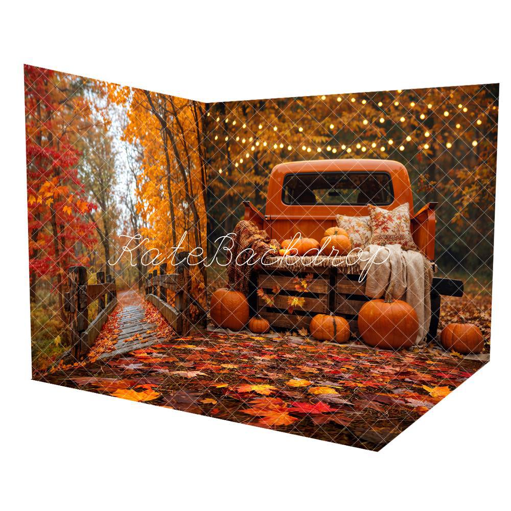 Kate Fall Outdoor Forest Red Maple Dark Brown Wooden Bridge Room Set(8ftx8ft&10ftx8ft&8ftx10ft) - Kate Backdrop AU