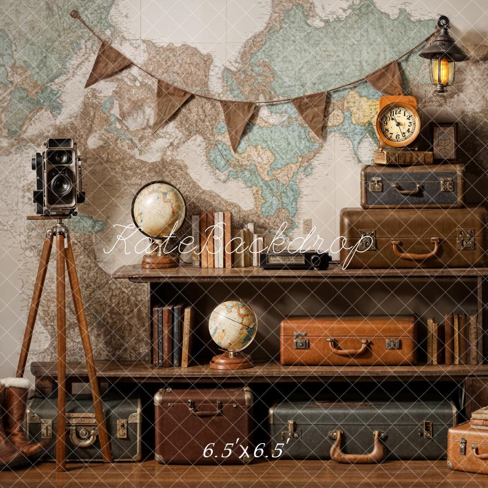 Kate World Map Suitcase Travel Retro Backdrop Designed by Emetselch - Kate Backdrop AU
