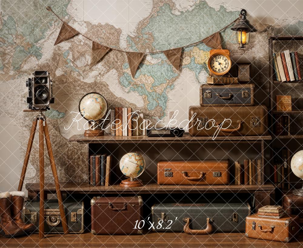 Kate World Map Suitcase Travel Retro Backdrop Designed by Emetselch - Kate Backdrop AU