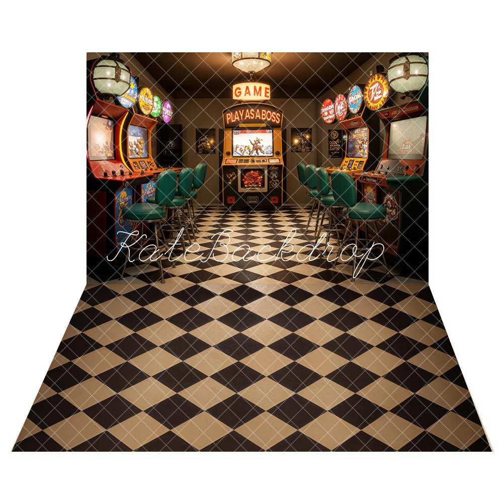 Kate Gaming Room Backdrop+Black and White Plaid Floor Backdrop - Kate Backdrop AU