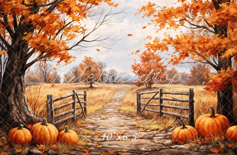 Kate Autumn Backdrop Outdoor Maple Leaves Forest Field Pumpkin Path Designed by GQ - Kate Backdrop AU