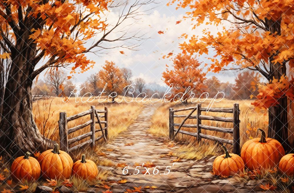 Kate Autumn Backdrop Outdoor Maple Leaves Forest Field Pumpkin Path Designed by GQ - Kate Backdrop AU